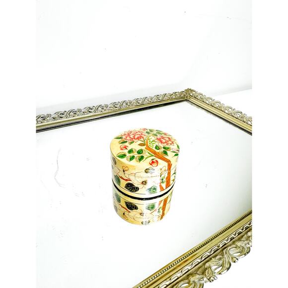 Small Round Floral Hand Painted Paper Mache Trinket Box - Picture 2 of 9